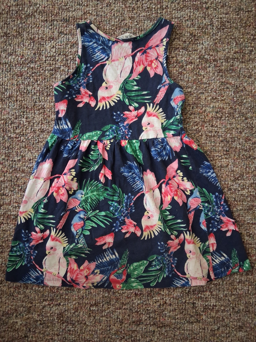H&M Girls Navy Blue Tropical Cockatoo Parrot Floral Tank Dress 2-4T - Picture 4 of 5